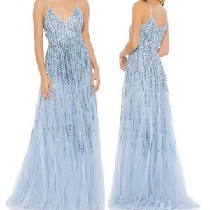 NWT Mac Duggal 93566 Light Blue Beaded Sleeveless Tulle Maxi Ball Gown Dress 10